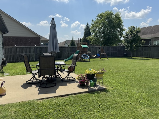 4803 Beryl Dr, Murfreesboro, TN 37128 - fenced backyard featuring a playground, a patio, and outdoor dining area
