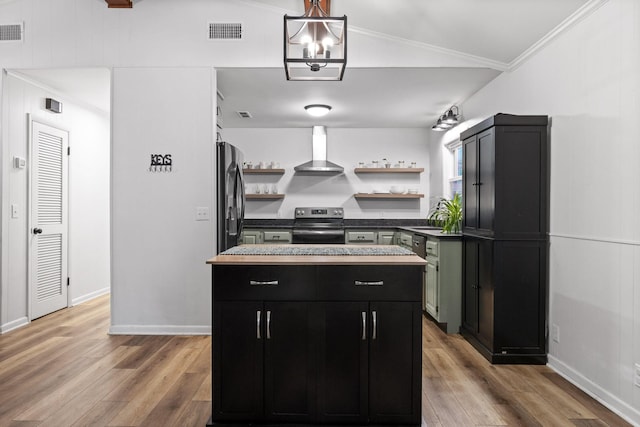 5920 Dogwood Dr, Harrison, TN 37341 - kitchen with wall chimney exhaust hood, open shelves, stainless steel appliances, light wood-style flooring, and vaulted ceiling