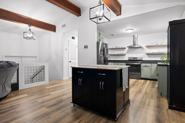 5920 Dogwood Dr, Harrison, TN 37341 - kitchen with stainless steel appliances, wall chimney exhaust hood, a chandelier, open shelves, and a center island