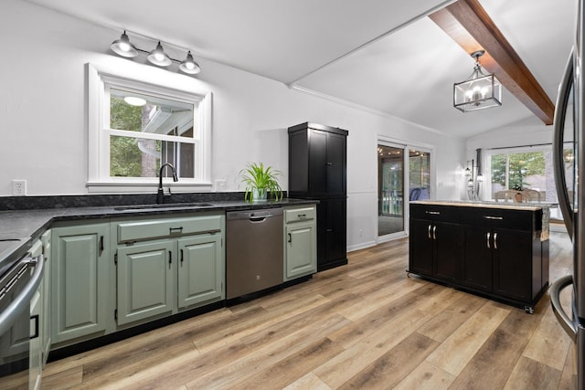 5920 Dogwood Dr, Harrison, TN 37341 - kitchen featuring stainless steel dishwasher, range with electric stovetop, light wood-style floors, and a chandelier
