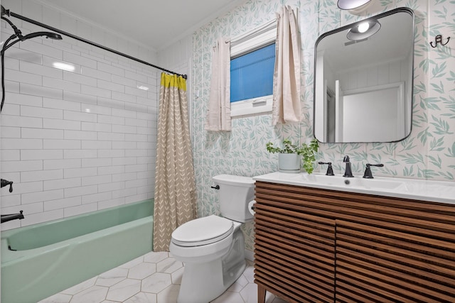 5920 Dogwood Dr, Harrison, TN 37341 - full bath featuring wallpapered walls, tile patterned floors, shower / tub combo with curtain, vanity, and crown molding