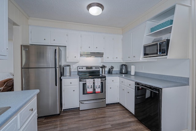 332 Old Dunbar Cave Rd, Clarksville, TN 37043 - kitchen with appliances with stainless steel finishes, under cabinet range hood, white cabinetry, a textured ceiling, and light countertops