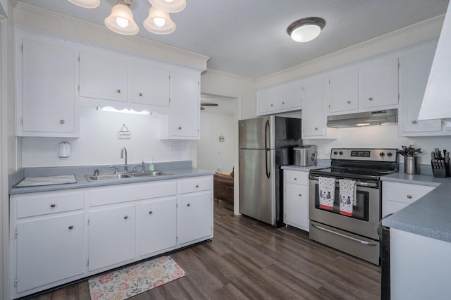 332 Old Dunbar Cave Rd, Clarksville, TN 37043 - kitchen with under cabinet range hood, appliances with stainless steel finishes, white cabinets, ornamental molding, and a textured ceiling
