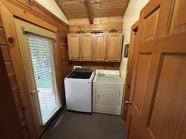 10 Meadow Brook Ln, Spencer, TN 38585 - laundry area featuring cabinet space, wood ceiling, wood walls, independent washer and dryer, and dark tile patterned floors