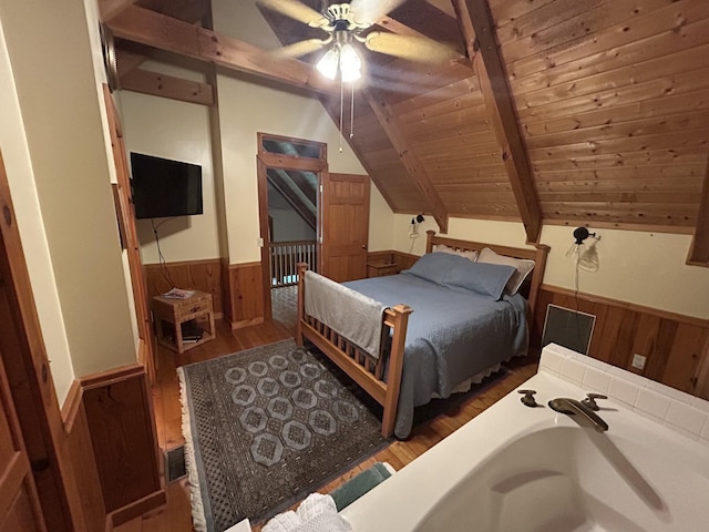 10 Meadow Brook Ln, Spencer, TN 38585 - bedroom featuring wainscoting, wood finished floors, wooden ceiling, wood walls, and a ceiling fan