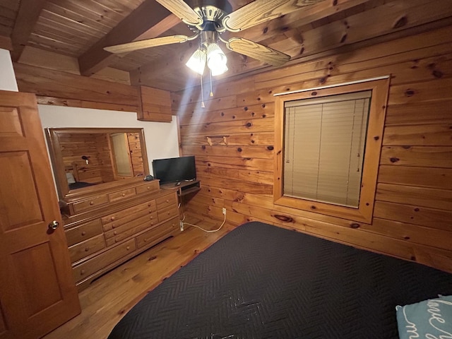 10 Meadow Brook Ln, Spencer, TN 38585 - bedroom featuring wooden walls, wood finished floors, a wooden ceiling with exposed beams, and a ceiling fan
