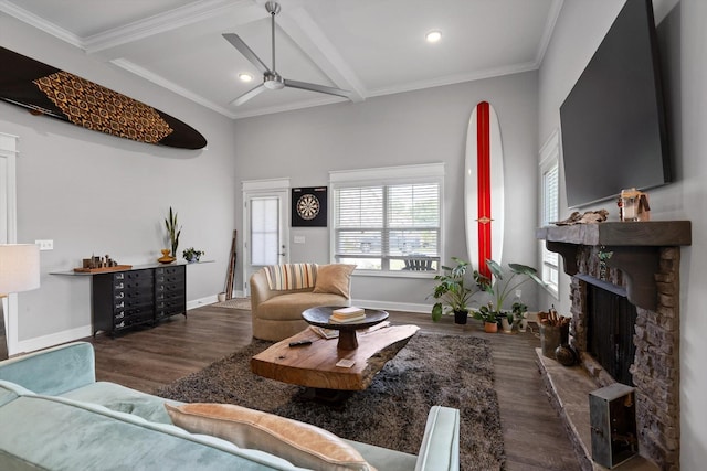 5086 Oop Rd, Chattanooga, TN 37416 - living area featuring ceiling fan, a stone fireplace, wood finished floors, recessed lighting, and beamed ceiling