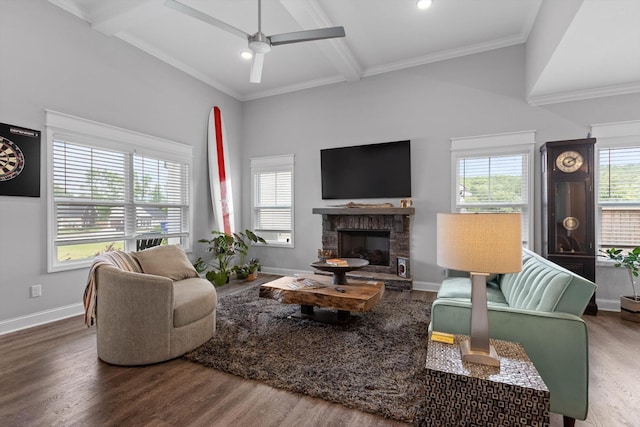 5086 Oop Rd, Chattanooga, TN 37416 - living room with a ceiling fan, wood finished floors, a stone fireplace, ornamental molding, and recessed lighting