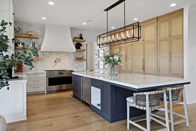 4720 Edwardian Trce, Franklin, TN 37067 - kitchen with range with two ovens, open shelves, custom range hood, tasteful backsplash, and recessed lighting
