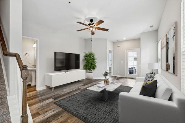 100 Bergen Dr, Spring Hill, TN 37174 - living area with wood finished floors, a ceiling fan, stairs, and recessed lighting