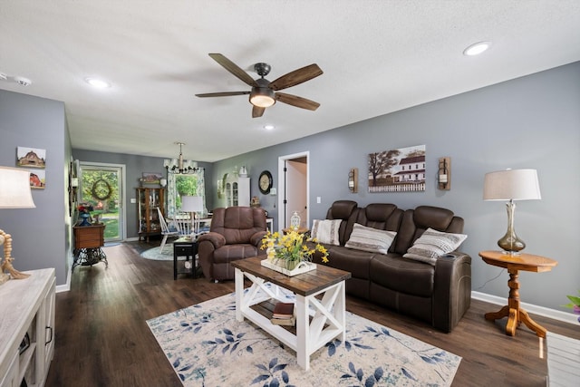 106 Mcfarlin Rd, Murfreesboro, TN 37130 - living room featuring ceiling fan, dark wood finished floors, recessed lighting, and a chandelier