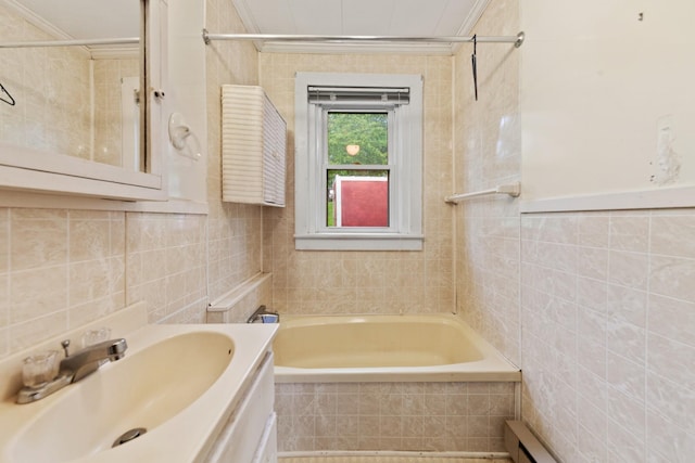 266 Clear Creek Cir, Pulaski, TN 38478 - bathroom with tile walls, tiled bath, ornamental molding, and vanity