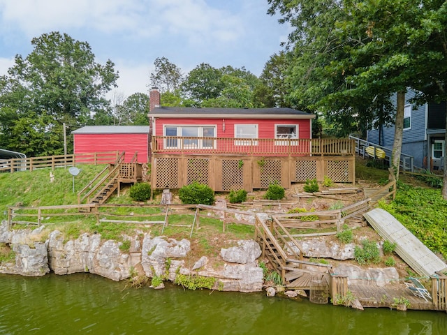 266 Clear Creek Cir, Pulaski, TN 38478 - rear view of house featuring a deck, a chimney, and stairs
