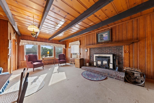 266 Clear Creek Cir, Pulaski, TN 38478 - living room with wood walls, a wood ceiling with exposed beams, carpet, and cooling unit