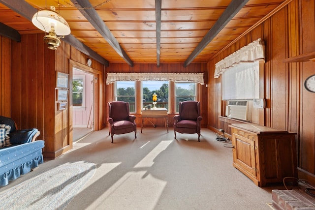 266 Clear Creek Cir, Pulaski, TN 38478 - carpeted bedroom with a wood ceiling with exposed beams, wooden walls, and cooling unit