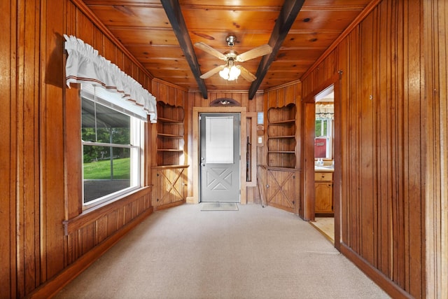 266 Clear Creek Cir, Pulaski, TN 38478 - entrance foyer with wooden walls, a wooden ceiling with exposed beams, light colored carpet, and a ceiling fan