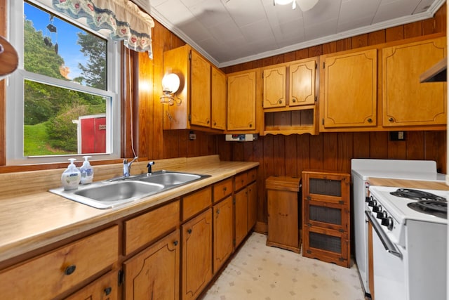 266 Clear Creek Cir, Pulaski, TN 38478 - kitchen featuring white range with gas stovetop, light countertops, wood walls, plenty of natural light, and light flooring