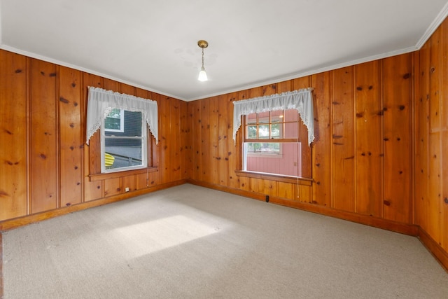 266 Clear Creek Cir, Pulaski, TN 38478 - carpeted empty room with plenty of natural light, ornamental molding, and wood walls