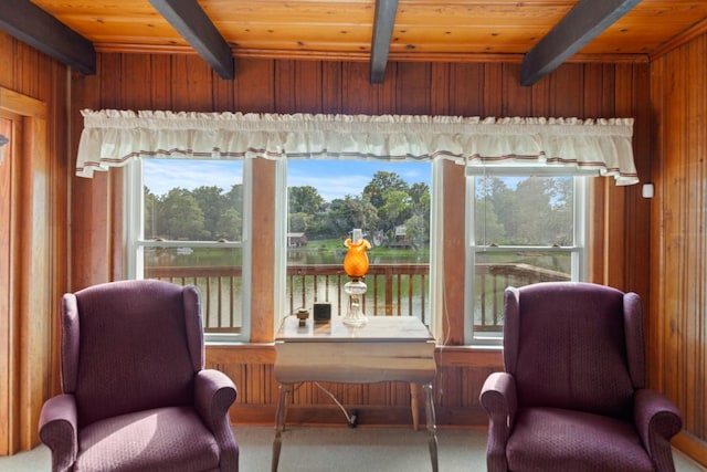 266 Clear Creek Cir, Pulaski, TN 38478 - sitting room with a wood ceiling with exposed beams, wood walls, and carpet