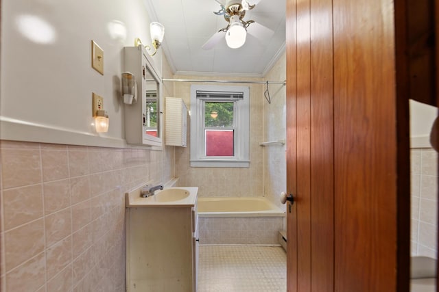 266 Clear Creek Cir, Pulaski, TN 38478 - full bathroom featuring crown molding, vanity, tile walls, ceiling fan, and tiled shower / bath combo