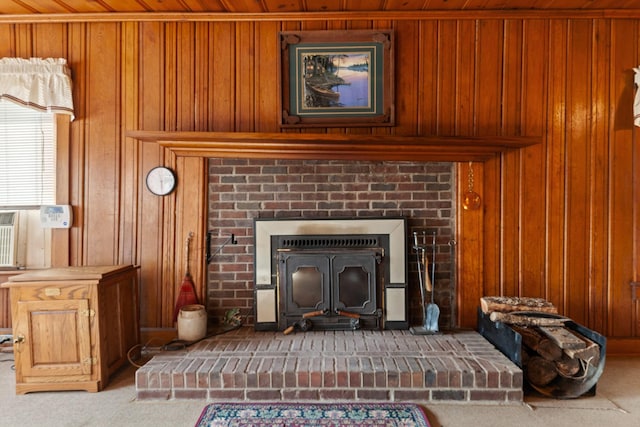 266 Clear Creek Cir, Pulaski, TN 38478 - detailed view of a brick fireplace, wooden walls, wood ceiling, and carpet flooring
