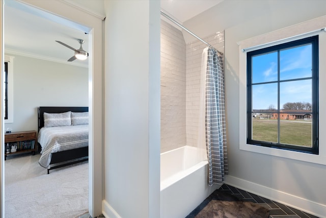 2996 S Rutland Rd, Mount Juliet, TN 37122 - ensuite bathroom with shower / bath combination with curtain, tile patterned flooring, a ceiling fan, and crown molding