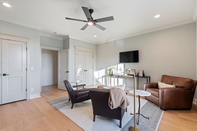 2996 S Rutland Rd, Mount Juliet, TN 37122 - living area with light wood finished floors, recessed lighting, a ceiling fan, and ornamental molding