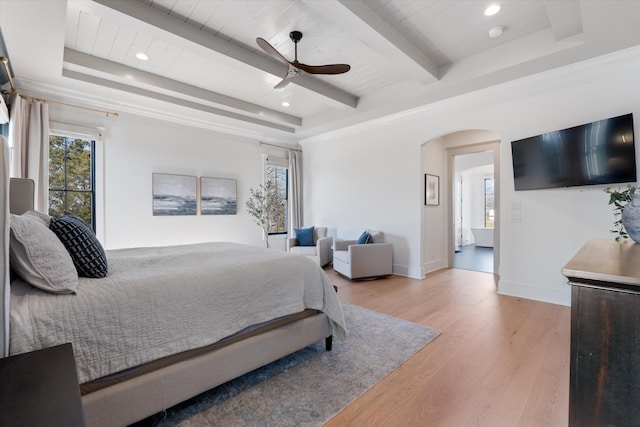 2996 S Rutland Rd, Mount Juliet, TN 37122 - bedroom featuring arched walkways, light wood-style floors, beamed ceiling, ceiling fan, and recessed lighting