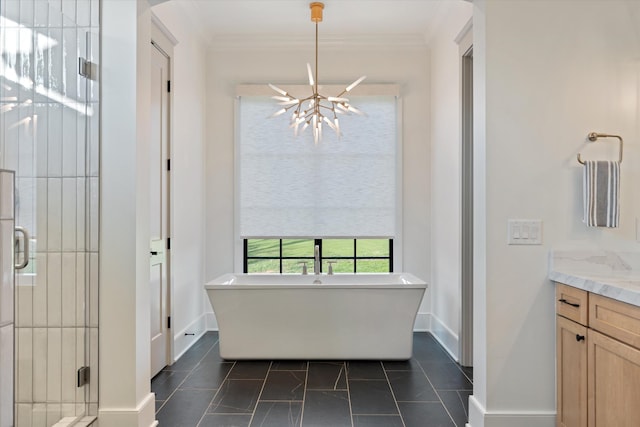 2996 S Rutland Rd, Mount Juliet, TN 37122 - full bathroom featuring vanity, a chandelier, a stall shower, a soaking tub, and ornamental molding