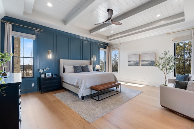2996 S Rutland Rd, Mount Juliet, TN 37122 - bedroom with a decorative wall, light wood-type flooring, a wooden ceiling with exposed beams, recessed lighting, and a ceiling fan
