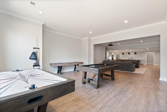 2996 S Rutland Rd, Mount Juliet, TN 37122 - playroom with pool table, ornamental molding, light wood finished floors, and recessed lighting