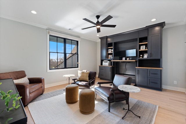2996 S Rutland Rd, Mount Juliet, TN 37122 - sitting room with ornamental molding, light wood finished floors, a ceiling fan, recessed lighting, and a desk
