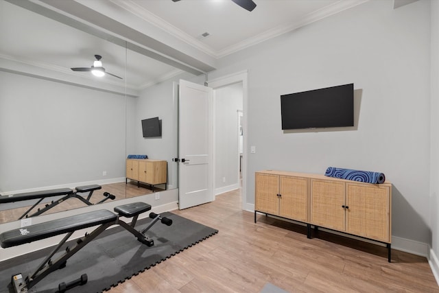 2996 S Rutland Rd, Mount Juliet, TN 37122 - exercise area with ceiling fan, light wood finished floors, and ornamental molding