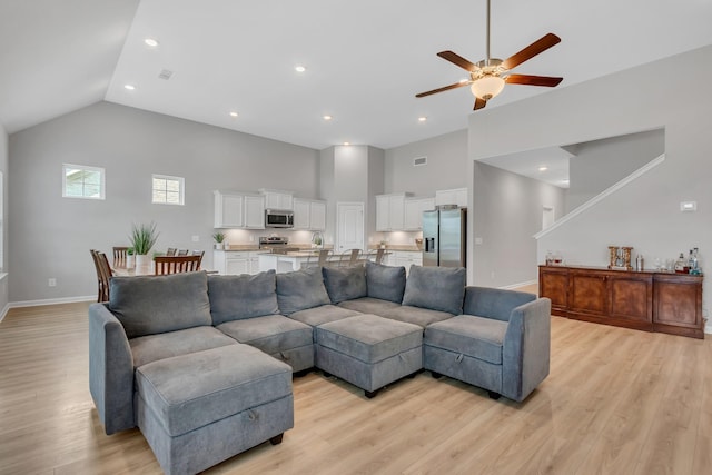 272 Thorpe Dr, Spring Hill, TN 37174 - living area featuring ceiling fan, high vaulted ceiling, light wood-style floors, and recessed lighting