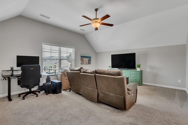 272 Thorpe Dr, Spring Hill, TN 37174 - living room with vaulted ceiling, ceiling fan, light colored carpet, and a desk