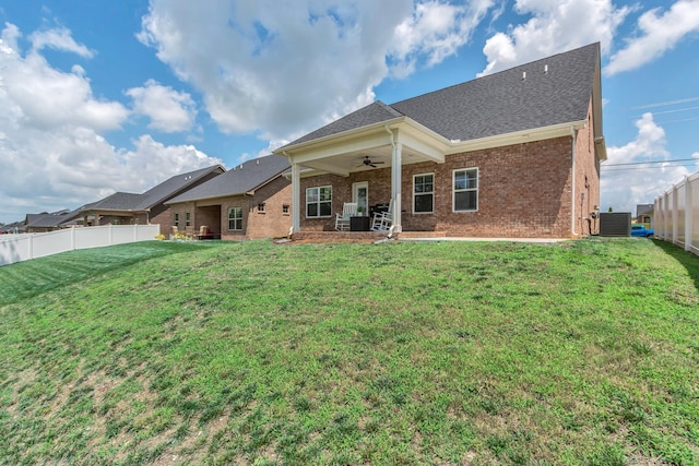 272 Thorpe Dr, Spring Hill, TN 37174 - back of house featuring ceiling fan, brick siding, a fenced backyard, a patio, and roof with shingles