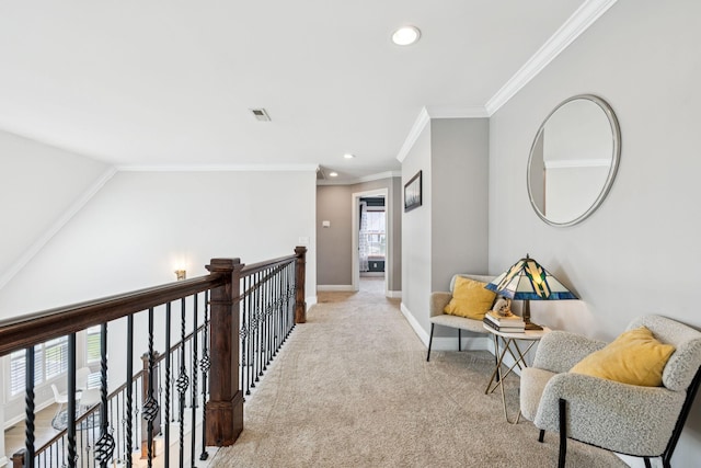 2819 Silver Springs Ct, Murfreesboro, TN 37128 - hallway with ornamental molding, carpet, recessed lighting, and an upstairs landing