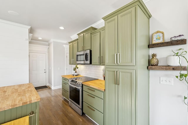 2819 Silver Springs Ct, Murfreesboro, TN 37128 - kitchen with green cabinetry, butcher block countertops, appliances with stainless steel finishes, dark wood-style flooring, and recessed lighting