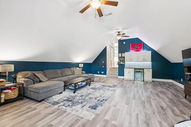 2819 Silver Springs Ct, Murfreesboro, TN 37128 - living room with beverage cooler, ceiling fan, light wood finished floors, and lofted ceiling