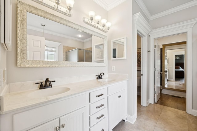 2819 Silver Springs Ct, Murfreesboro, TN 37128 - bathroom featuring double vanity, a shower stall, crown molding, and tile patterned floors
