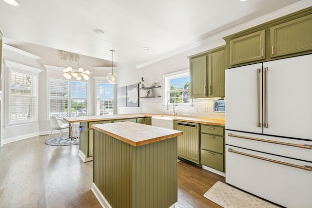 2819 Silver Springs Ct, Murfreesboro, TN 37128 - kitchen featuring high end white fridge, green cabinetry, wooden counters, paneled dishwasher, and dark wood-style flooring