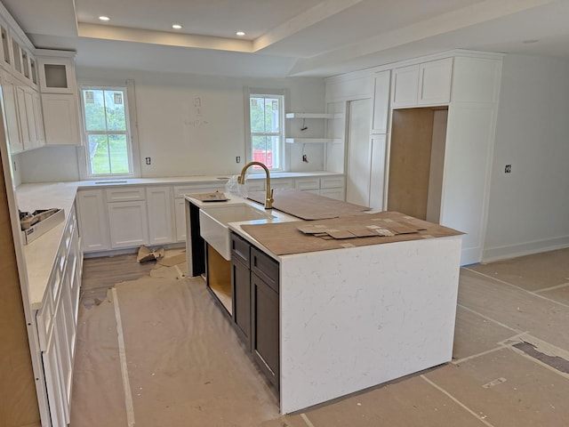 3880 Barfield Crescent Rd, Murfreesboro, TN 37128 - kitchen with a tray ceiling, a kitchen island with sink, white cabinetry, light countertops, and recessed lighting