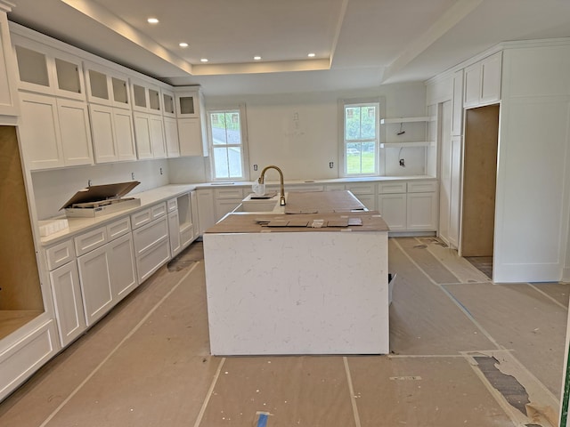 3880 Barfield Crescent Rd, Murfreesboro, TN 37128 - kitchen with healthy amount of natural light, a raised ceiling, white cabinets, and recessed lighting