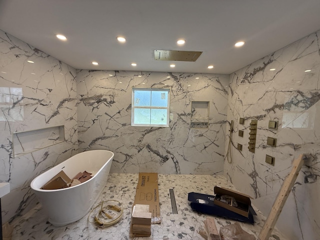 3880 Barfield Crescent Rd, Murfreesboro, TN 37128 - full bathroom featuring a freestanding tub, recessed lighting, a marble finish shower, and stone wall