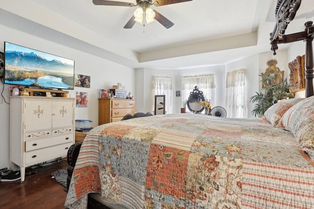 311 Downs Rd, Cumberland City, TN 37050 - bedroom featuring dark wood-type flooring, a tray ceiling, and a ceiling fan
