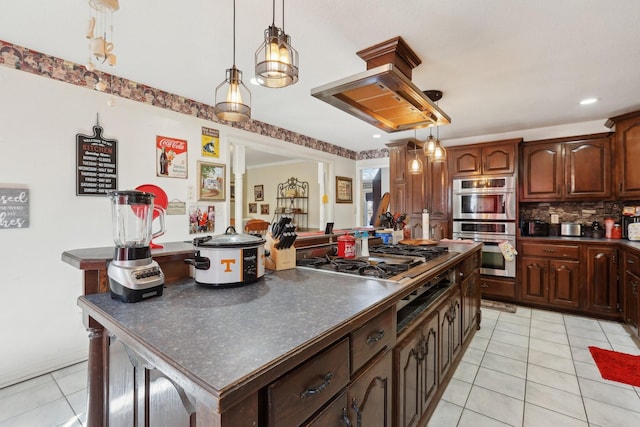 311 Downs Rd, Cumberland City, TN 37050 - kitchen featuring dark countertops, light tile patterned floors, stainless steel appliances, decorative backsplash, and island range hood