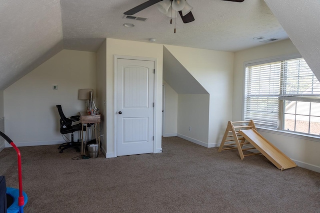 1452 Precept Dr, Murfreesboro, TN 37129 - office space with a textured ceiling, a ceiling fan, carpet flooring, and vaulted ceiling