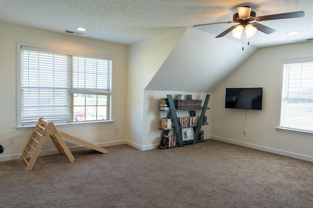 1452 Precept Dr, Murfreesboro, TN 37129 - playroom with a textured ceiling, ceiling fan, carpet floors, vaulted ceiling, and recessed lighting