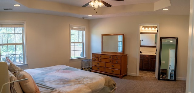 1452 Precept Dr, Murfreesboro, TN 37129 - bedroom featuring multiple windows, light colored carpet, recessed lighting, ensuite bathroom, and a ceiling fan