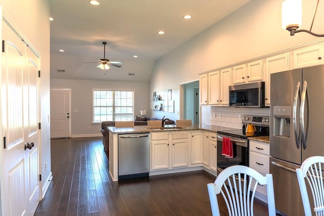 1452 Precept Dr, Murfreesboro, TN 37129 - kitchen featuring appliances with stainless steel finishes, a peninsula, vaulted ceiling, open floor plan, and ceiling fan